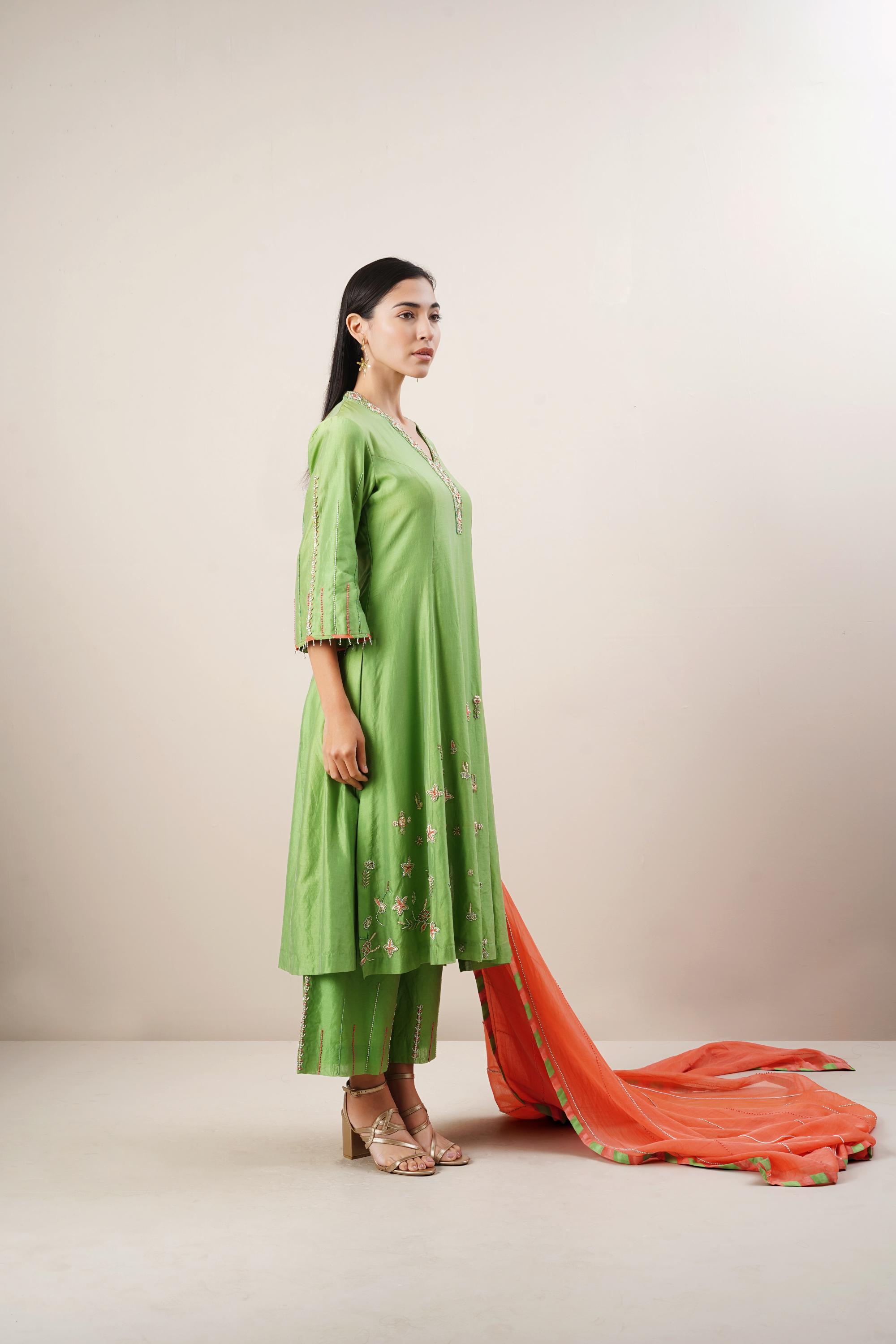 Green Naira Cut Exquisite Hand-Embroidered Suit Set