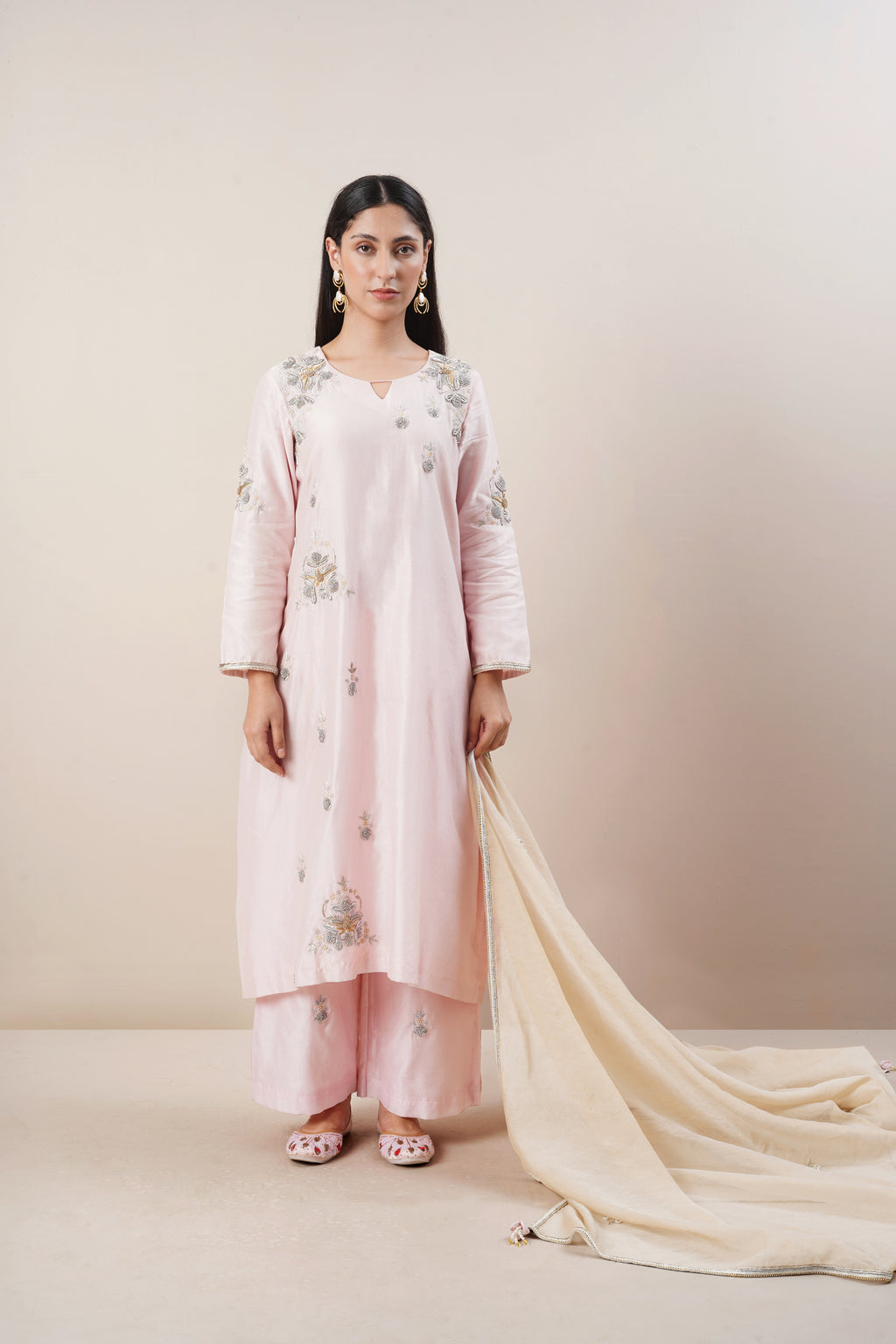 Baby Pink Handwork Suit Set in Handloom Chanderi