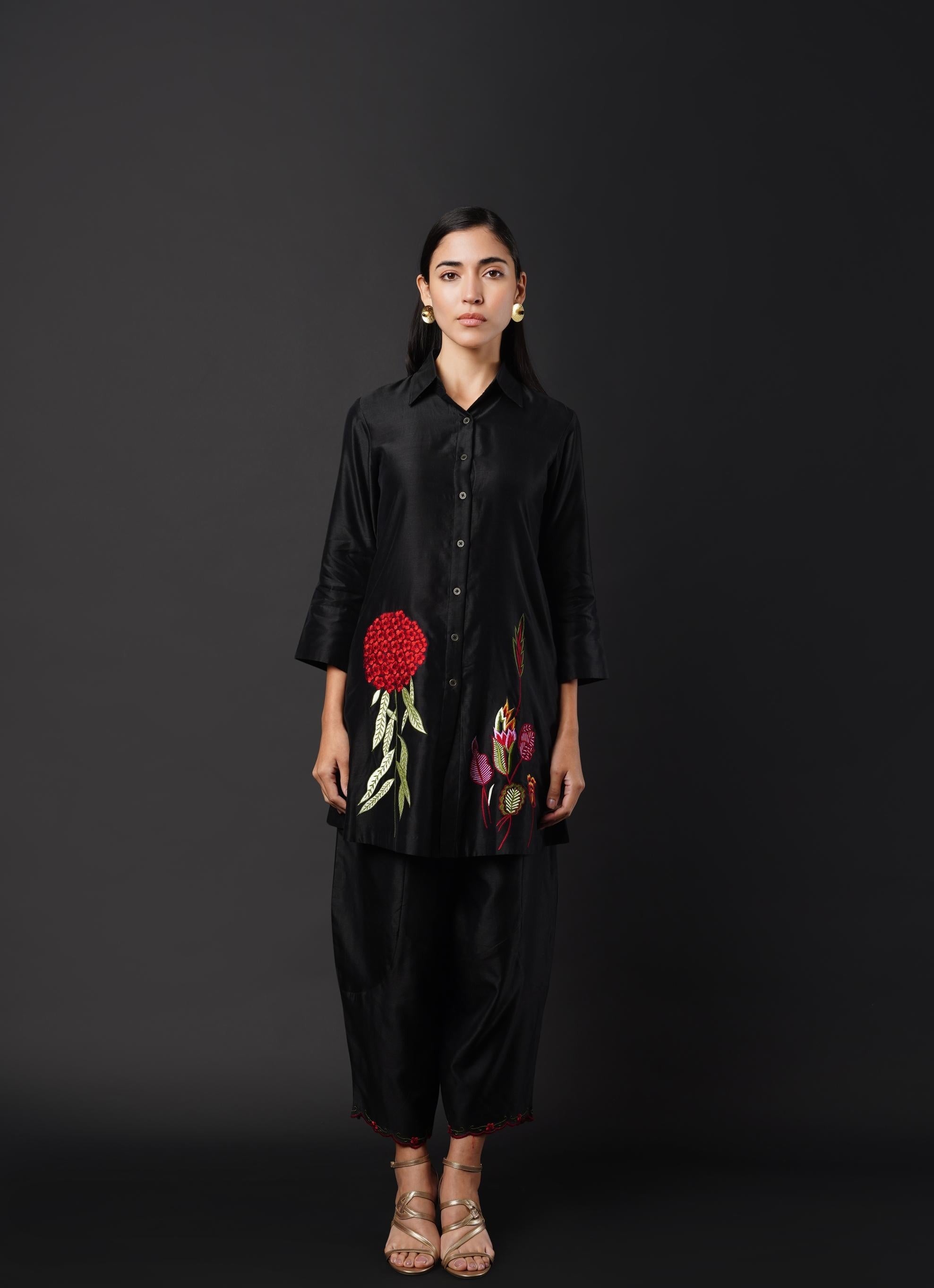 Black Co-ord Set with Embroidery on Both Sides, Paired with Indo-Pants
