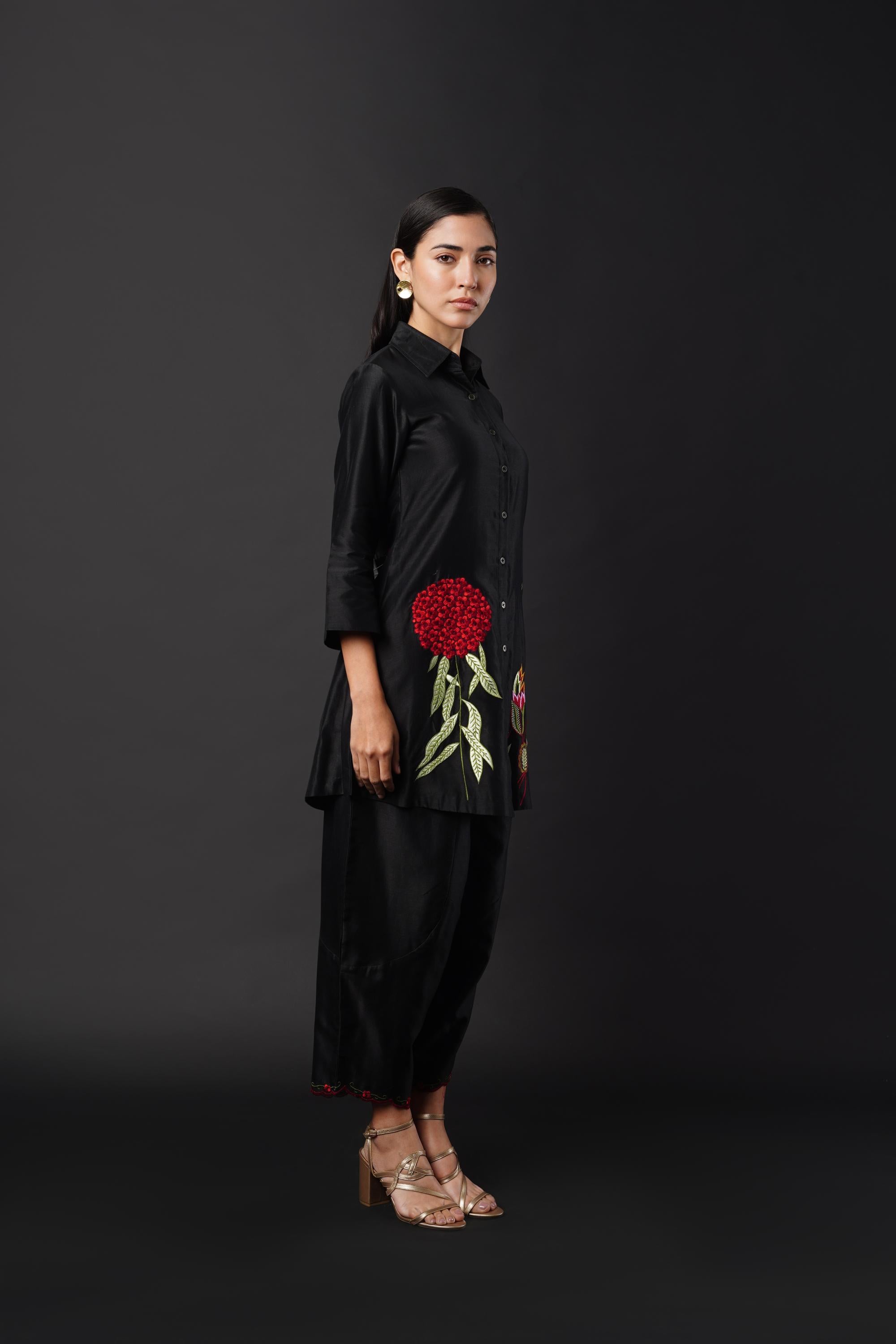 Black Co-ord Set with Embroidery on Both Sides, Paired with Indo-Pants