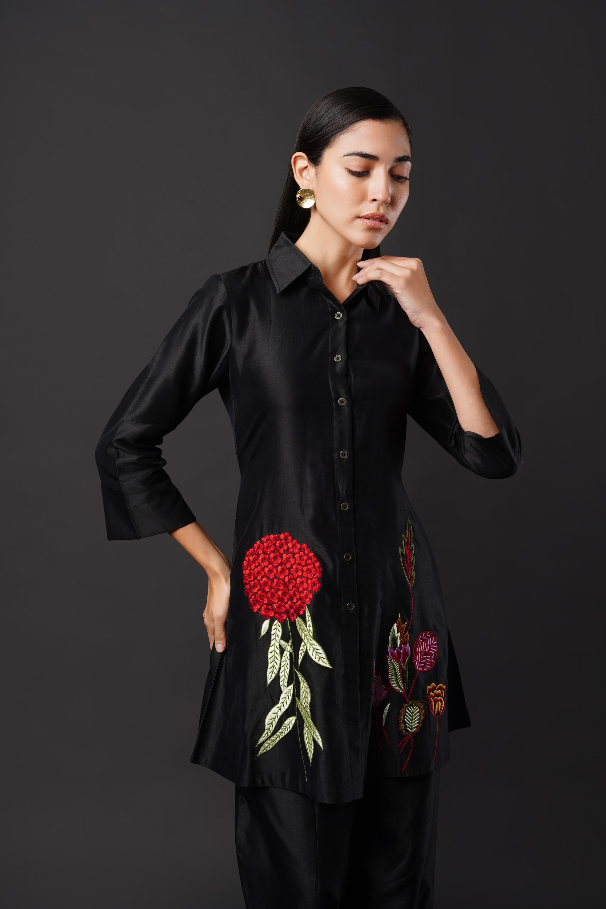 Black Co-ord Set with Embroidery on Both Sides, Paired with Indo-Pants