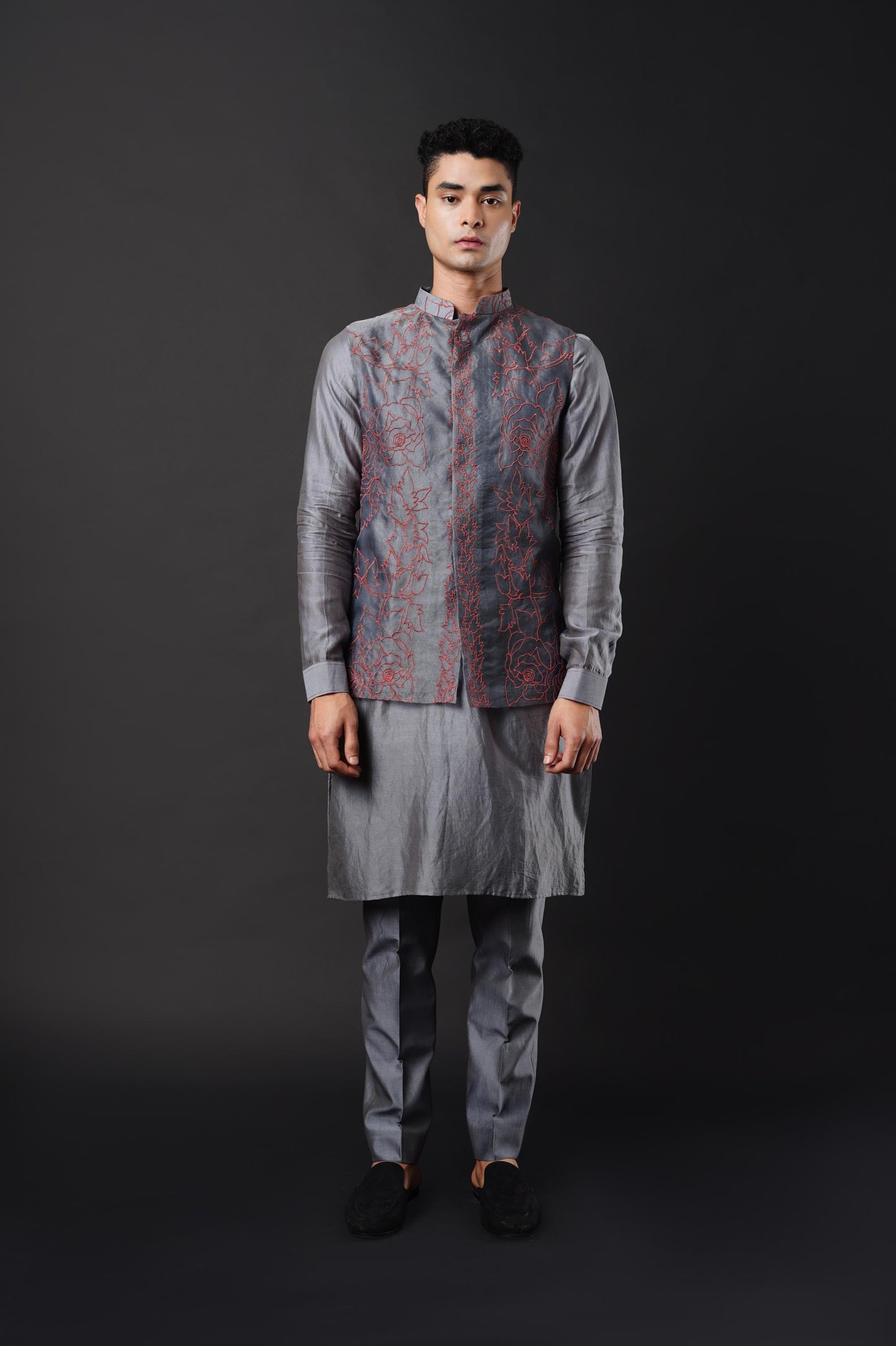 Elegant Silver Grey Kurta Ensemble with Embroidered Organza Jacket