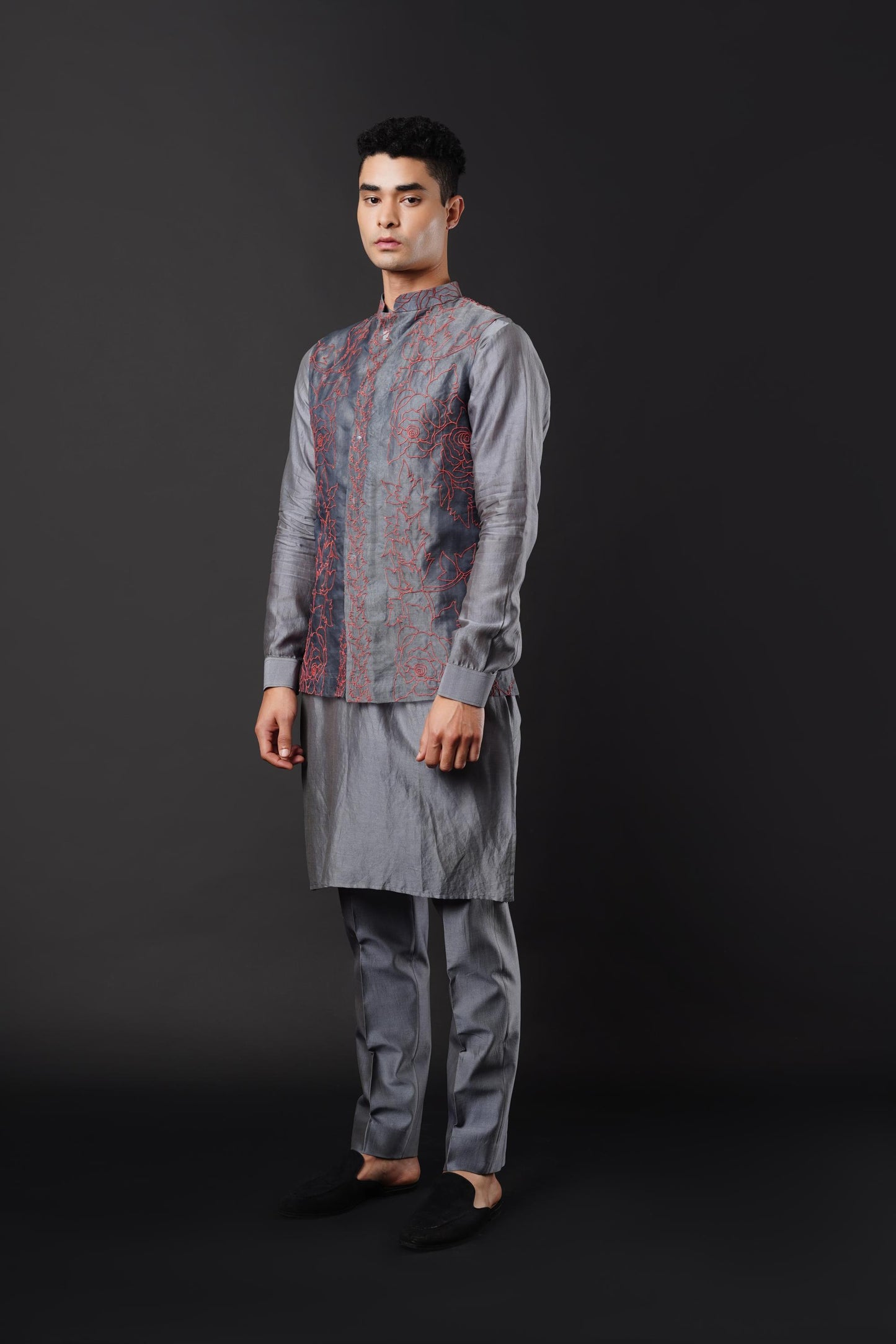 Elegant Silver Grey Kurta Ensemble with Embroidered Organza Jacket