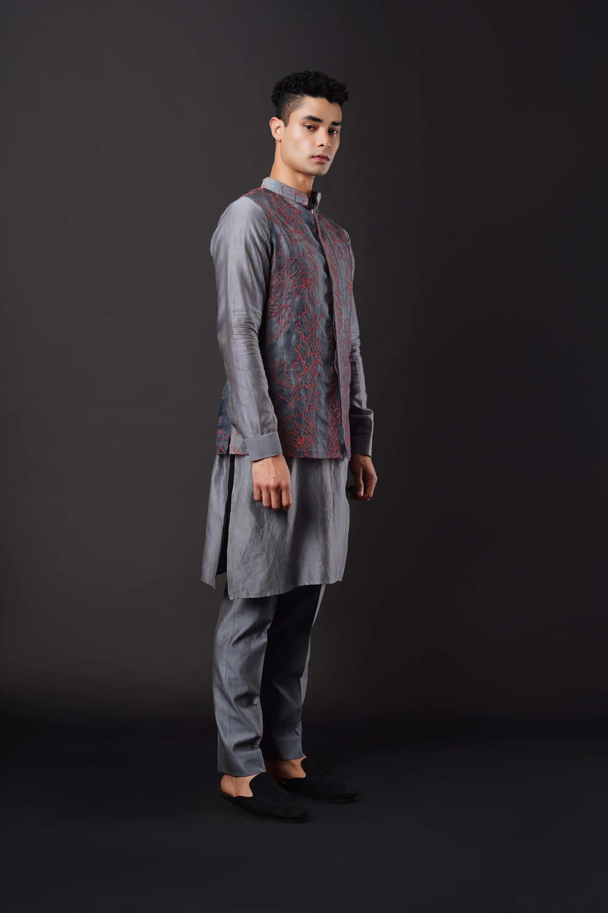 Elegant Silver Grey Kurta Ensemble with Embroidered Organza Jacket