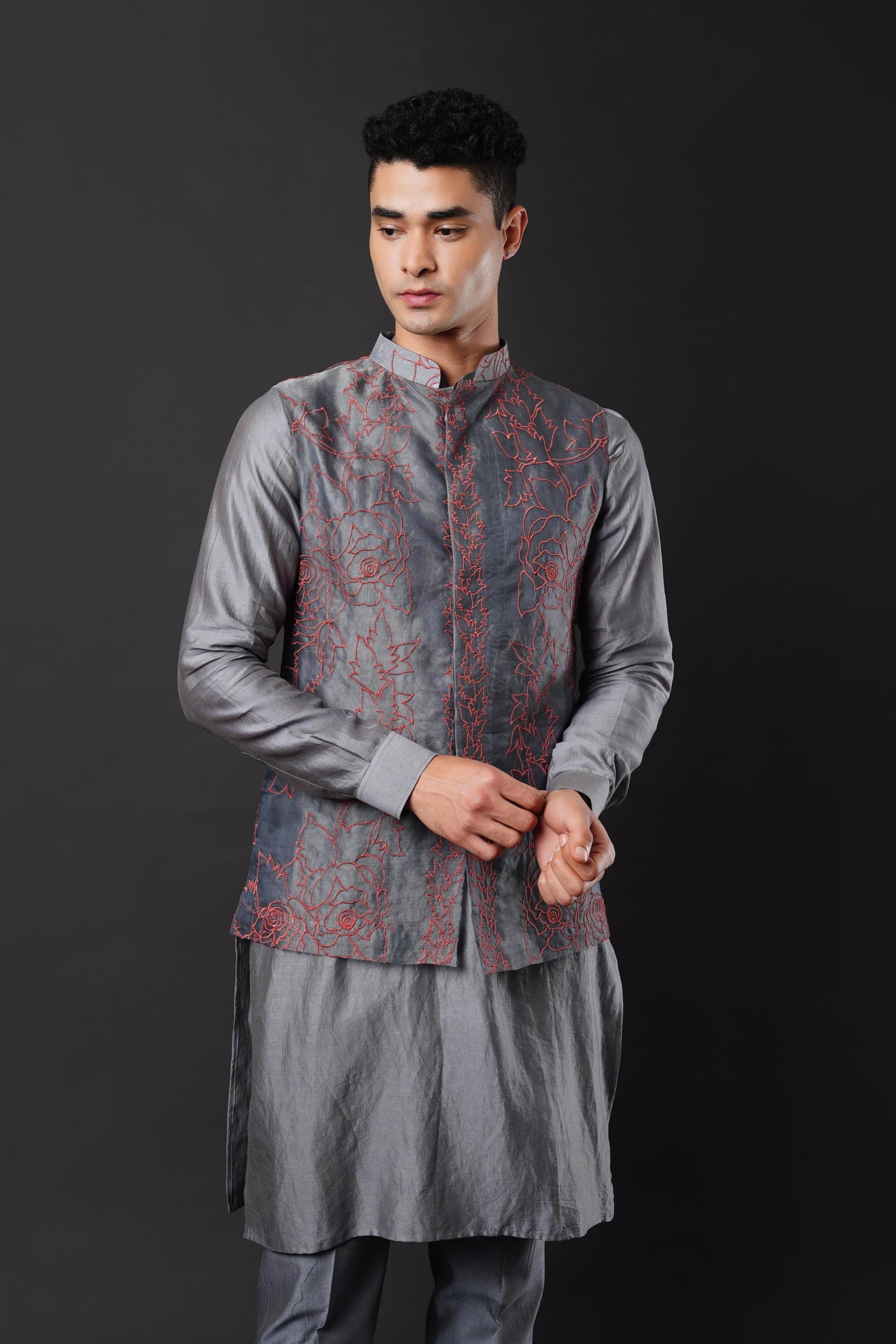Elegant Silver Grey Kurta Ensemble with Embroidered Organza Jacket