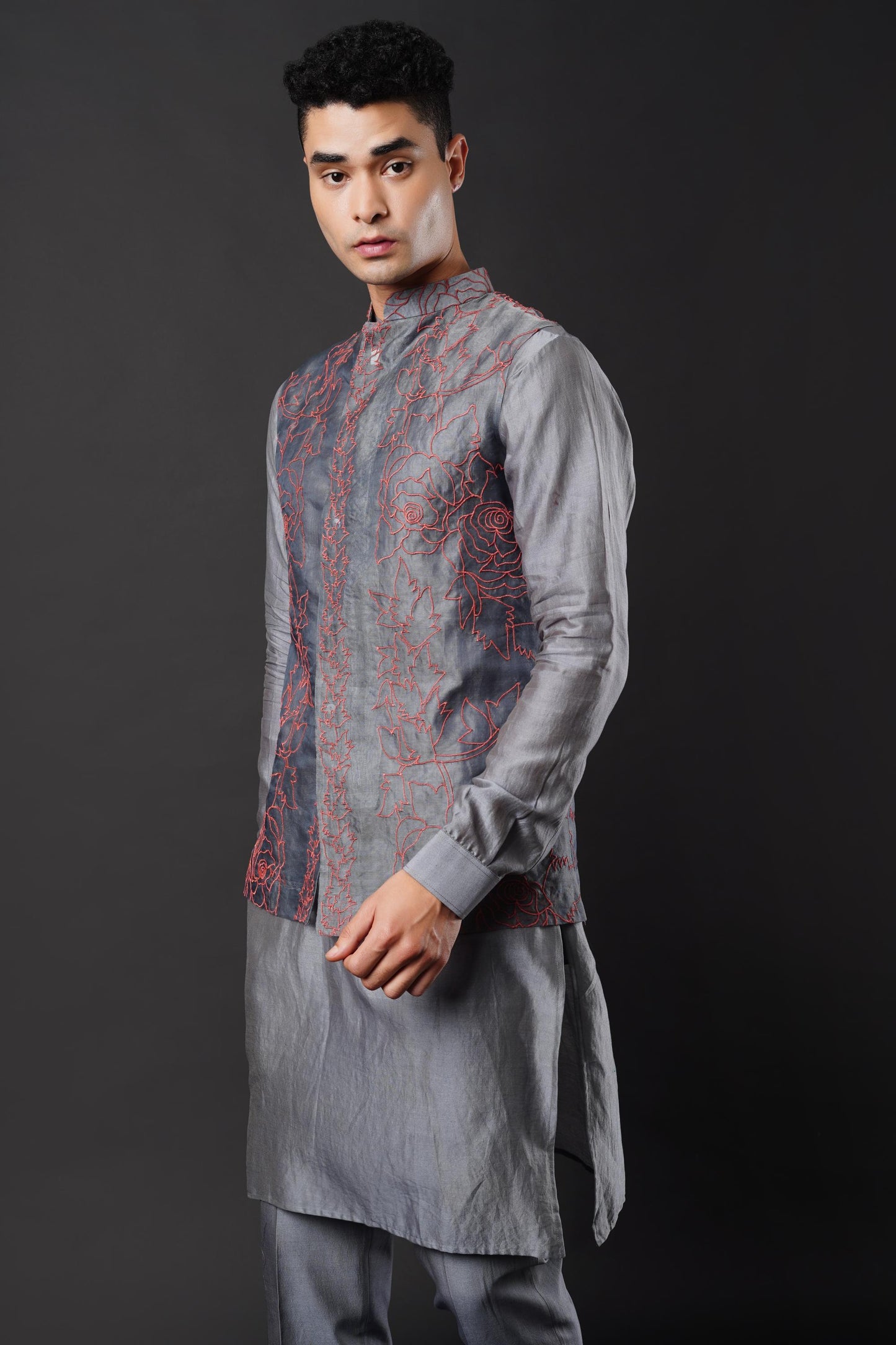Elegant Silver Grey Kurta Ensemble with Embroidered Organza Jacket