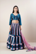Teal and lilac chanderi lengha set