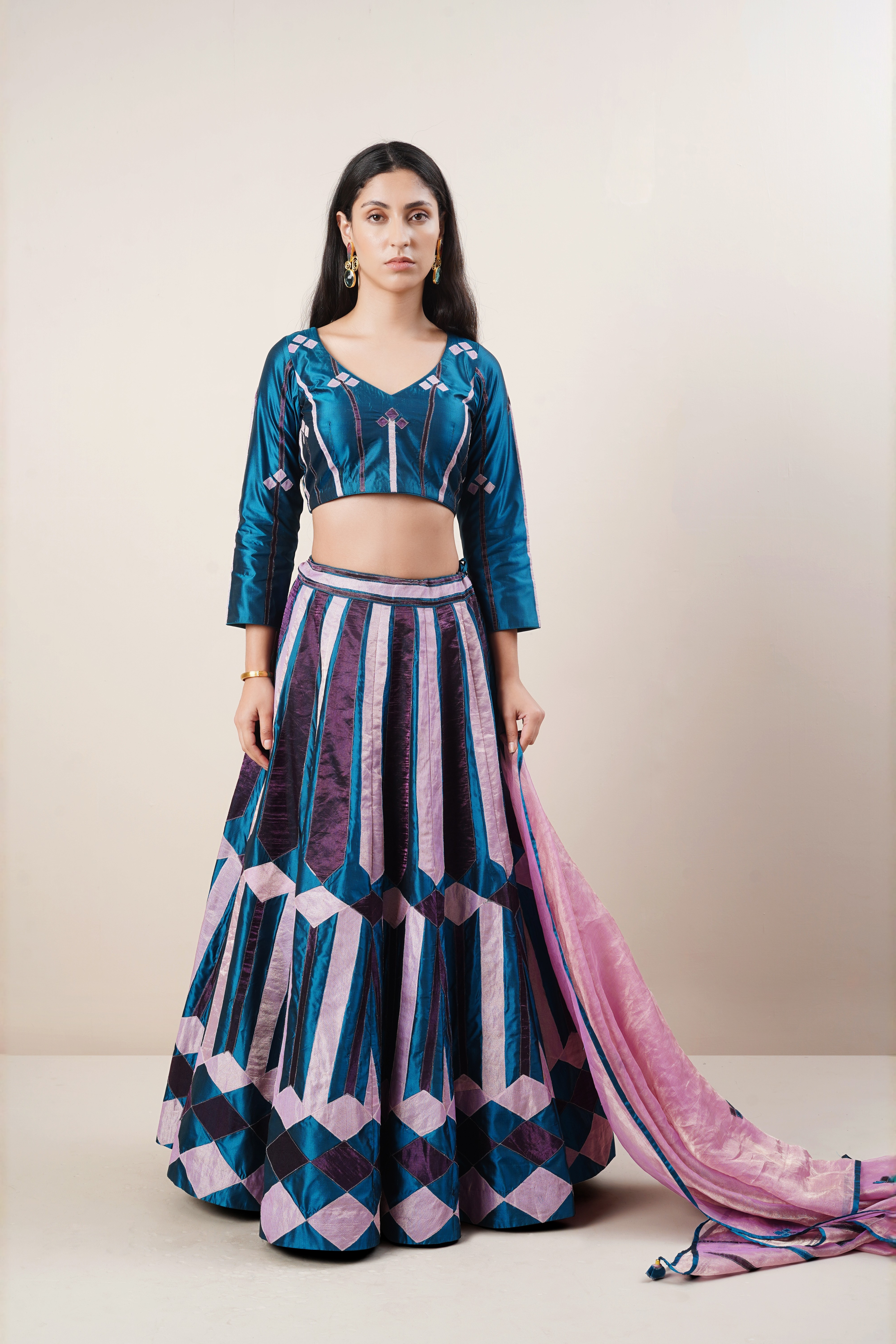 Teal and lilac chanderi lengha set