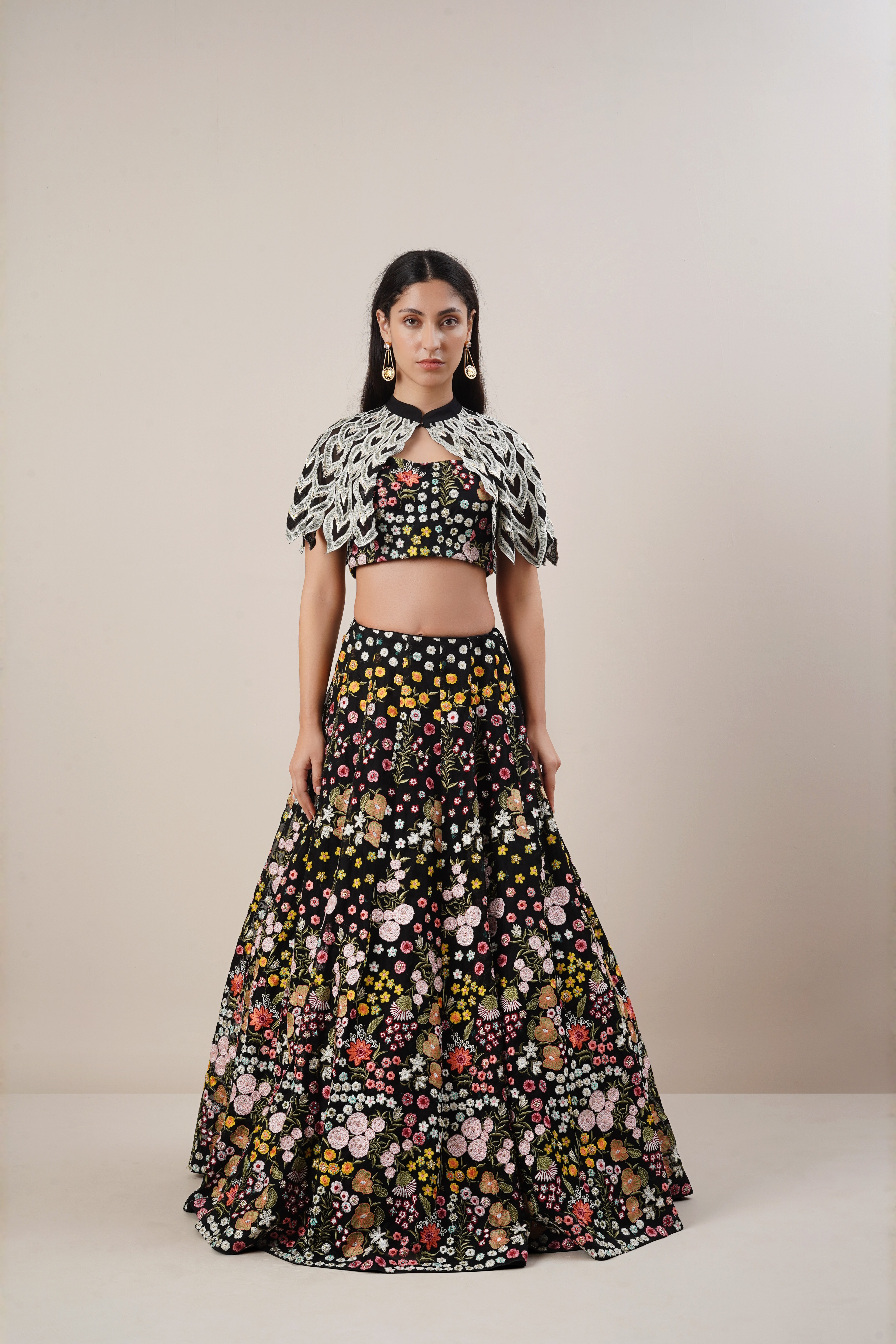 Black chanderi chiken work lengha