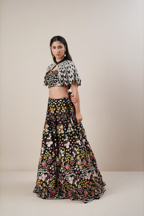 Black chanderi chiken work lengha
