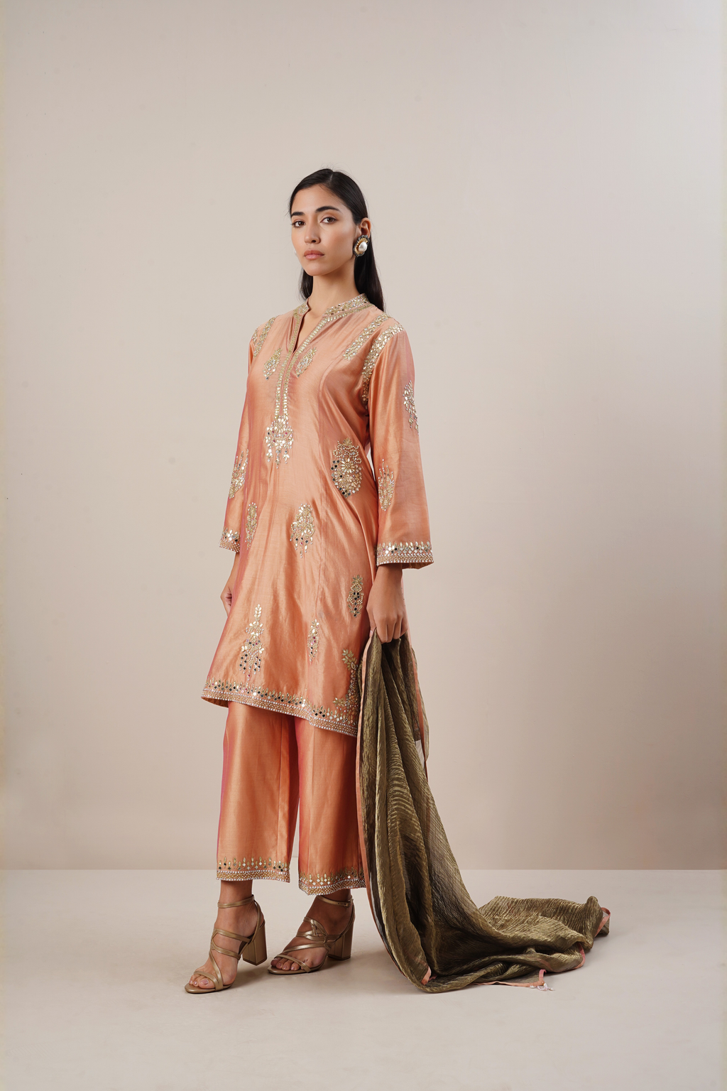 Peach organza zardosi suit set