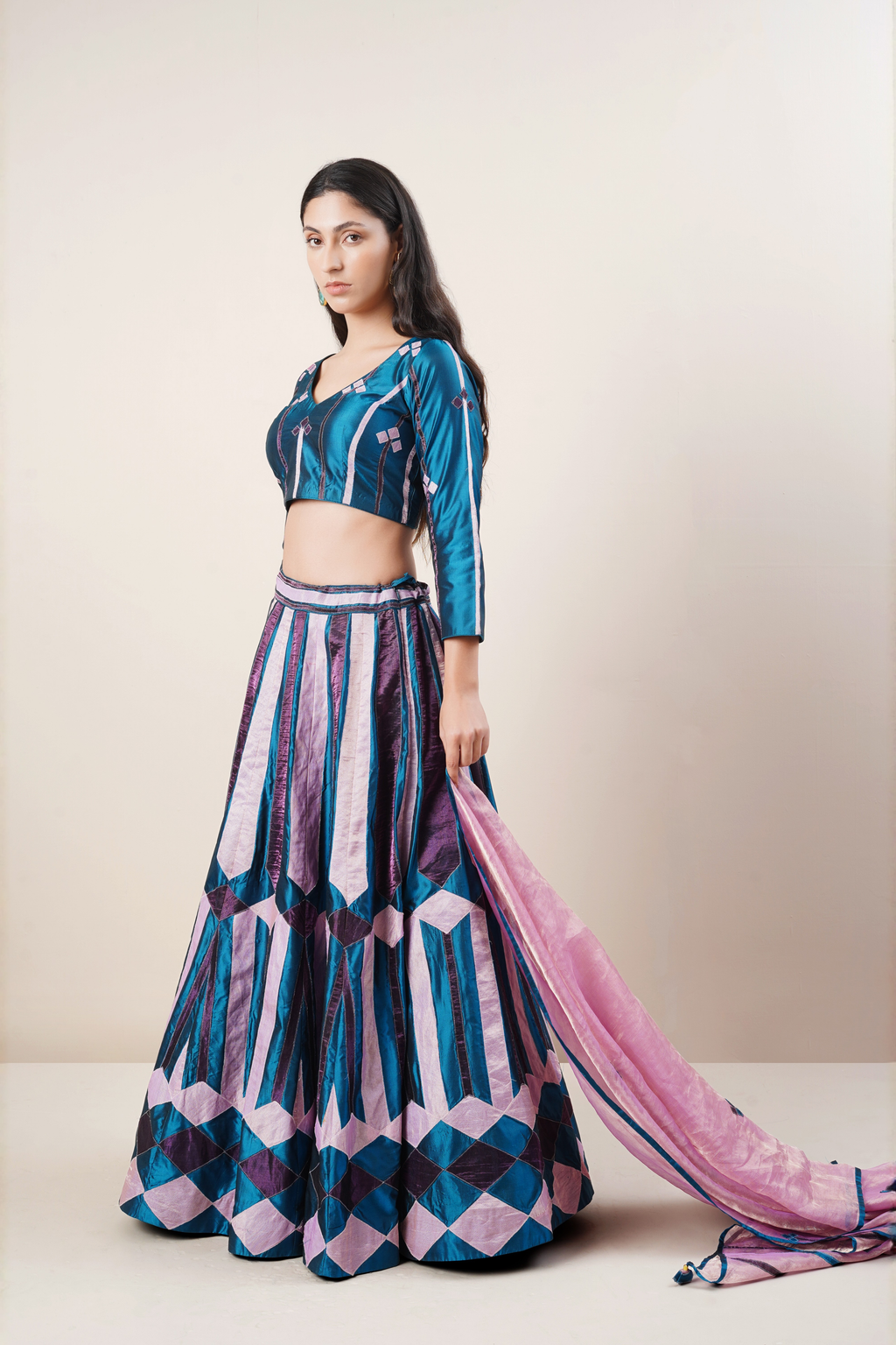 Teal and lilac chanderi lengha set