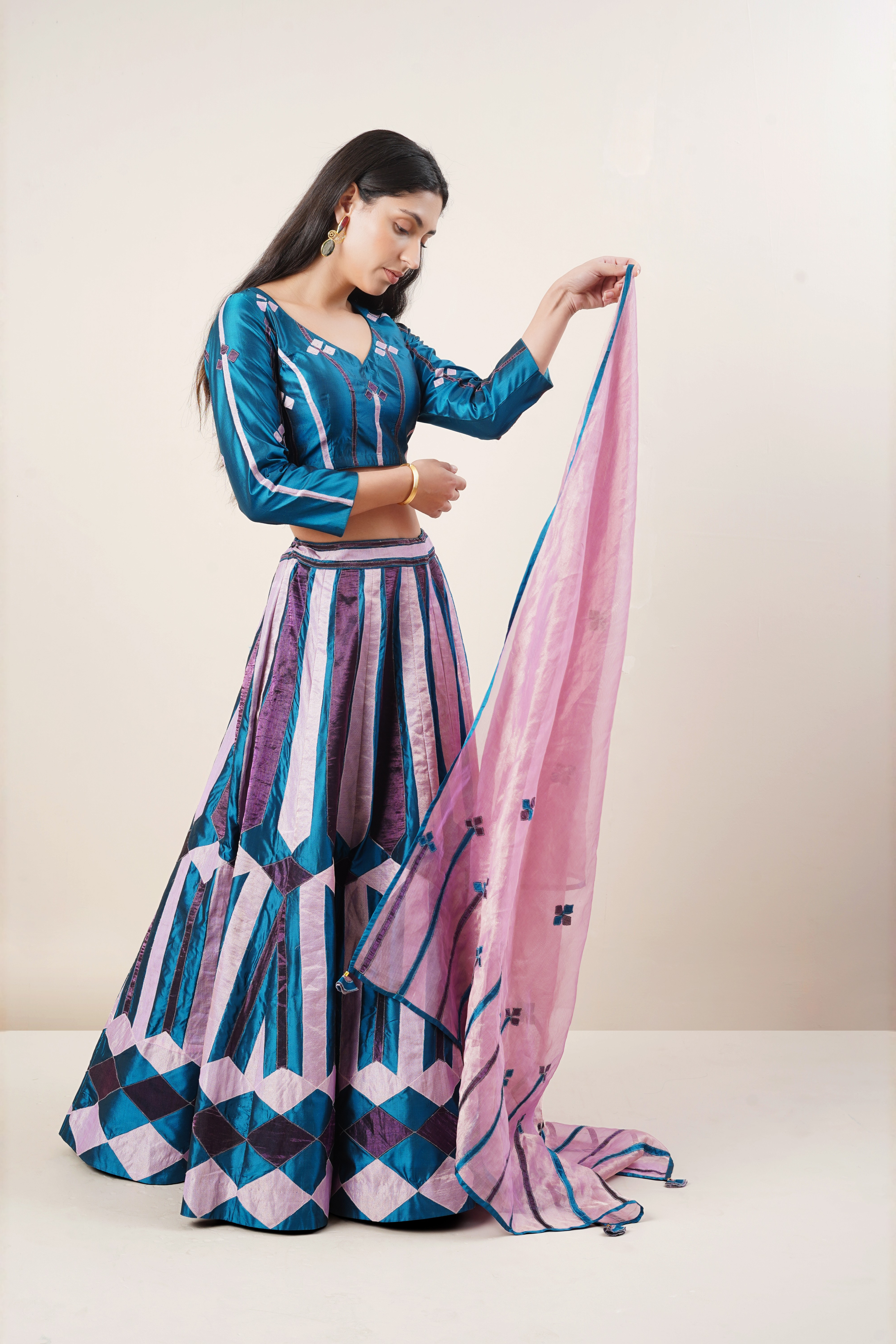 Teal and lilac chanderi lengha set