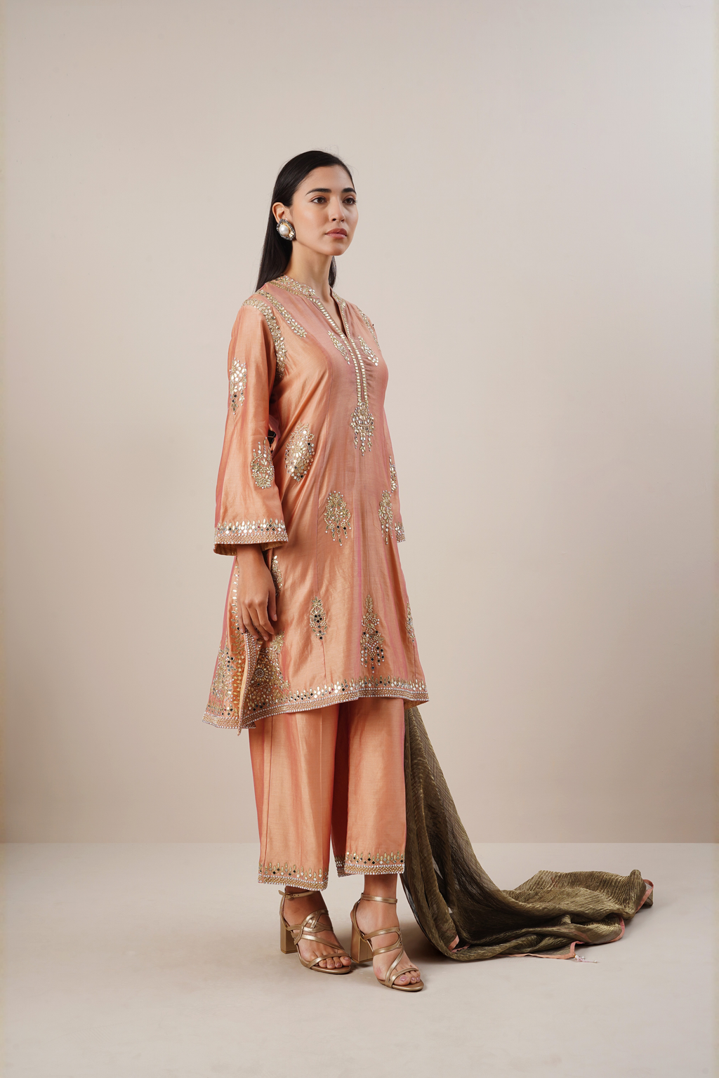 Peach organza zardosi suit set