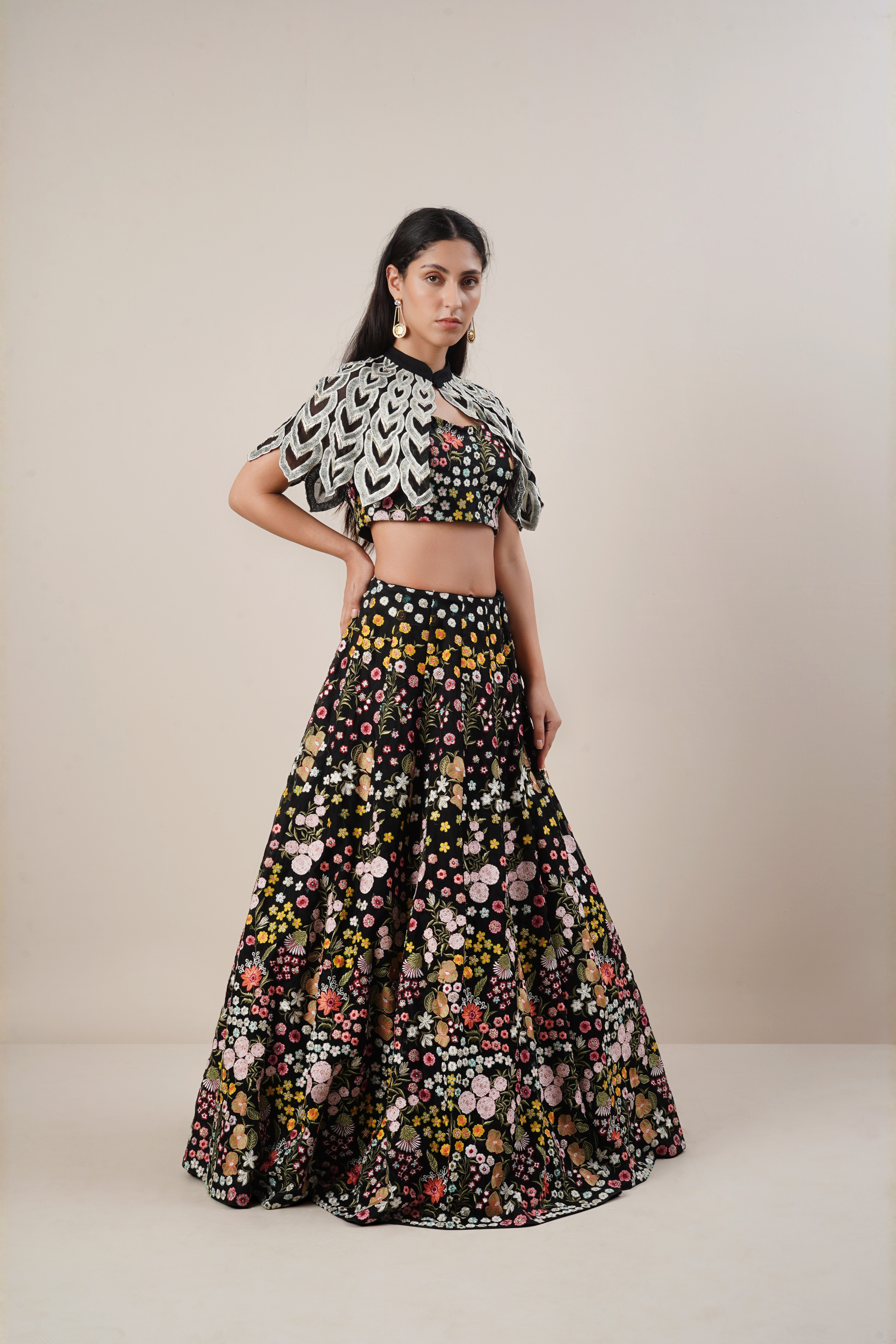 Black chanderi chiken work lengha
