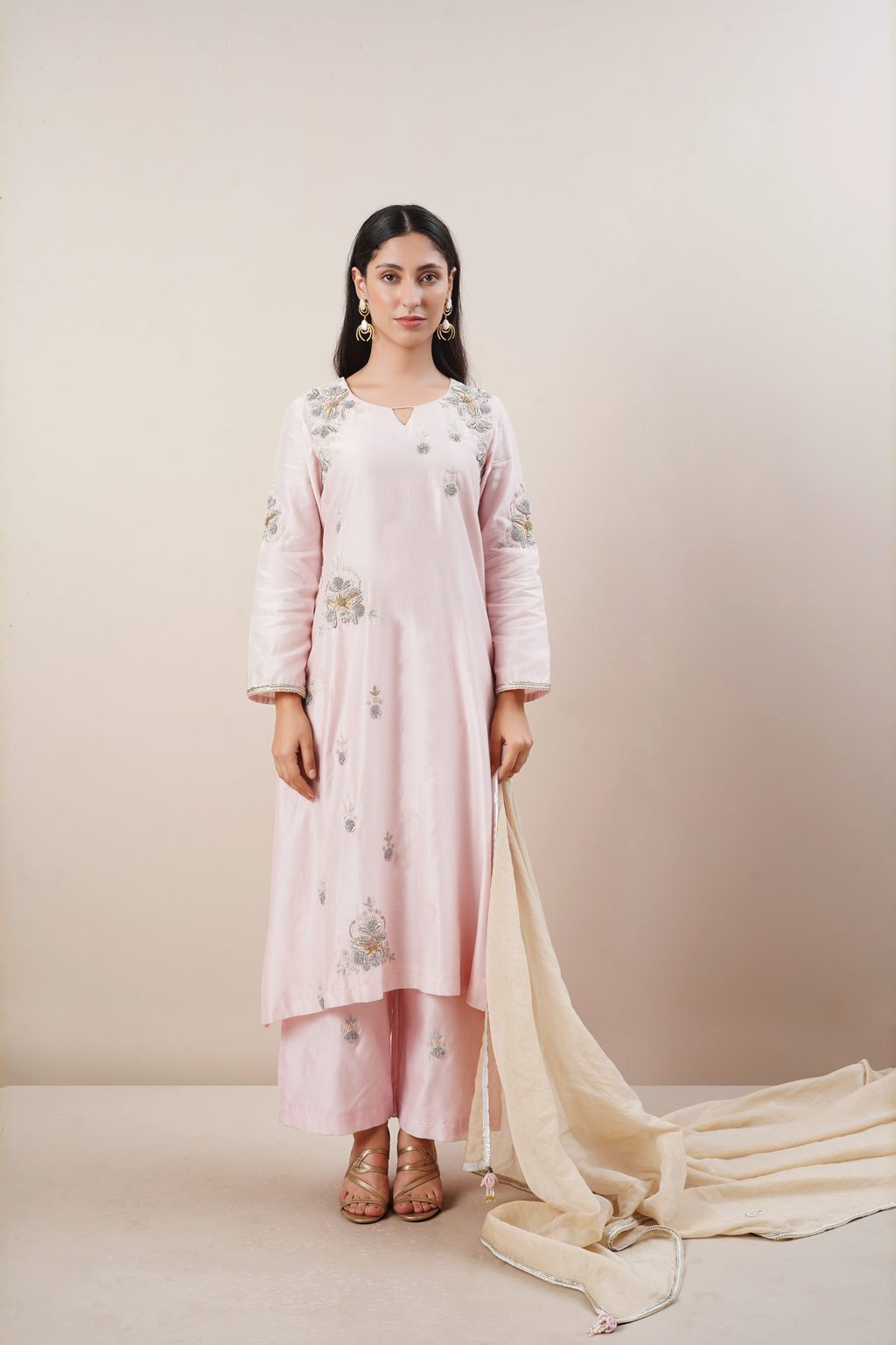 Baby pink chanderi kurta set